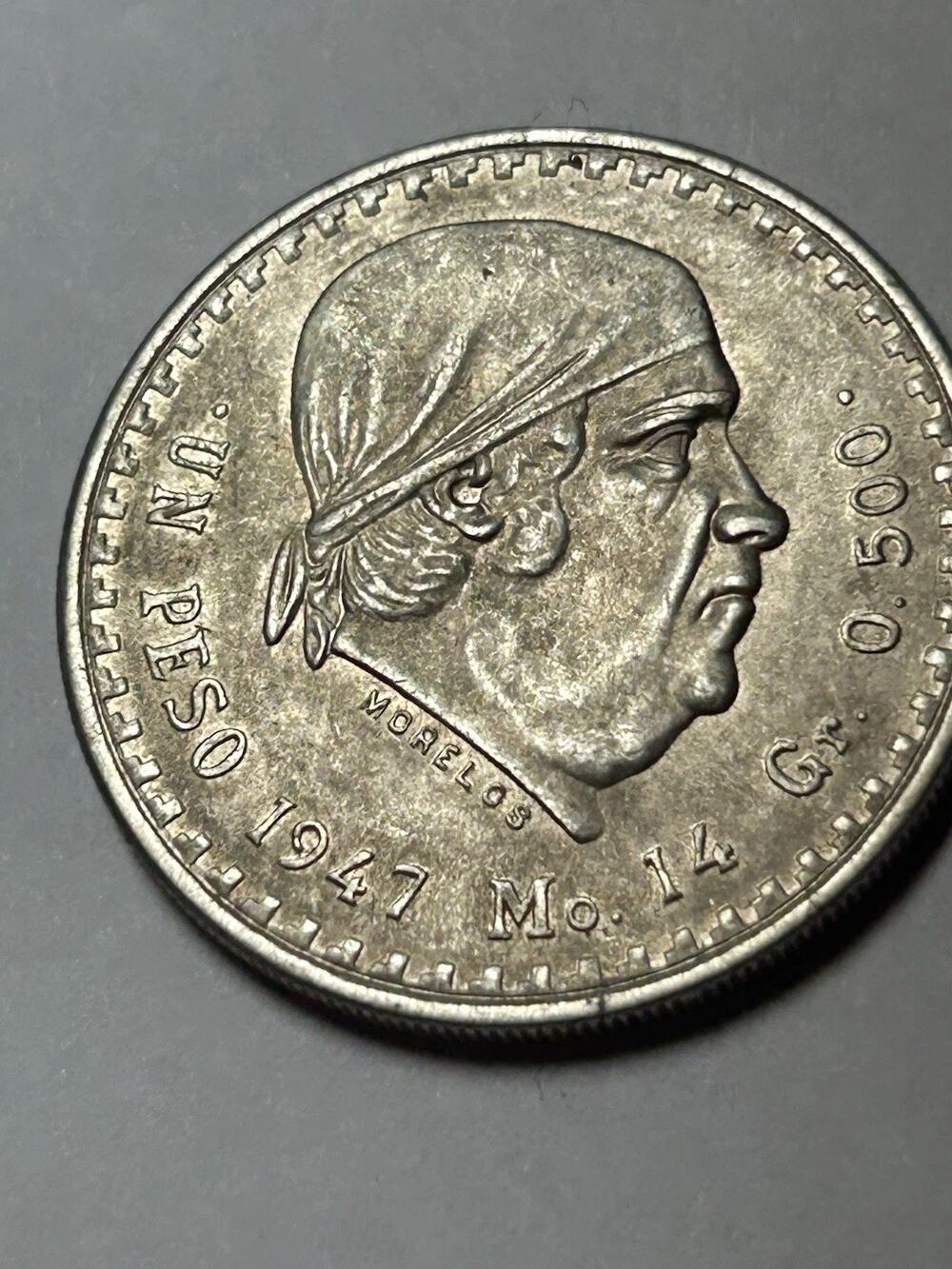 1947 Mexico 1 Peso Un Peso Mo Silver Coin KM#455 0.500 Fine BN